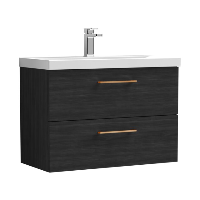 Balterley Wall Hung Bathroom 2 Drawer Vanity Unit and 1 Tap Hole Ceramic Basin, with Handles Black