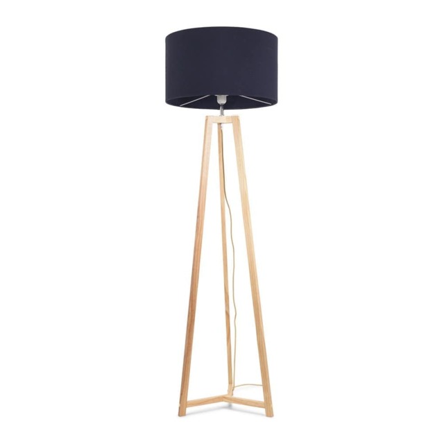 ValueLights Lottie Natural Wood Tripod Floor Lamp Navy Blue Shade Blue