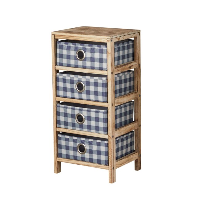 Wooden Chest Of Storage Drawers Plaid Fabric Bedroom Organiser Coastal Style Brown