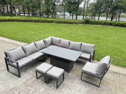 Fimous 9 Pieces Aluminium Garden Furniture Set with Cushions, Patio Furniture Set with Adjustable Rising Lifting Dining Table 2 Small Footstools Dark Grey