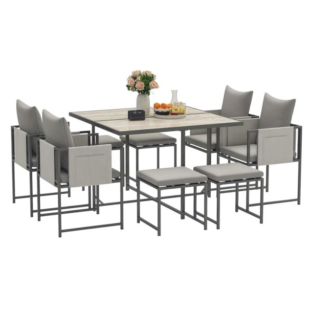 Outsunny 9 Piece Garden Dining Set, Cube Outdoor Garden Furniture Set with Cushions, 8 Seater Garden Table and Chairs with 4 Stools, Square PSPC Plastic Top Table, Side Pockets for Conservatory, Grey Grey 1