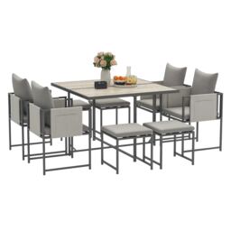 Outsunny 9 Piece Garden Dining Set, Cube Outdoor Garden Furniture Set with Cushions, 8 Seater Garden Table and Chairs with 4 Stools, Square PSPC Plastic Top Table, Side Pockets for Conservatory, Grey Grey 1
