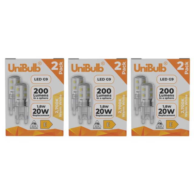 UniBulb LED G9 200lm 1.8W (Replaces 20W) 2700K (Warm White) Capsule Light Bulb - Pack of 6