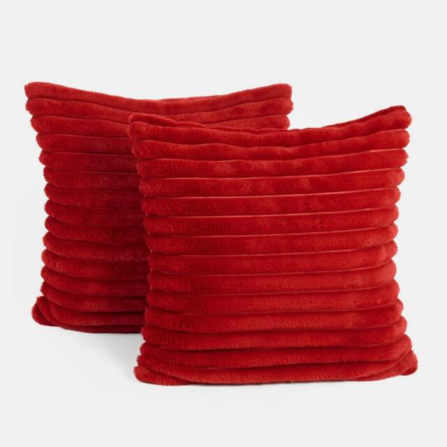 OHS 2 x Faux Fur Matte Velvet Fleece Thick Ribbed Cushion Covers, 45x45cm - Red