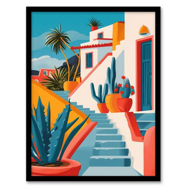 Mexican Village Cactus Colourful Hispanic Black Framed Wall Art Print A4