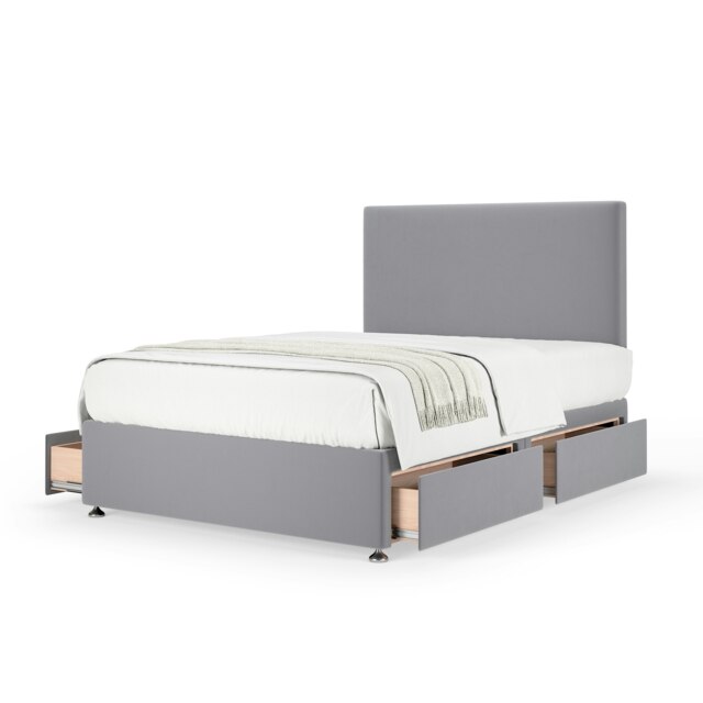 Signature Platinum 2000 Pocket Sprung Silver Plush Velvet 4 Drawer Divan Set And Valencia Headboard Double