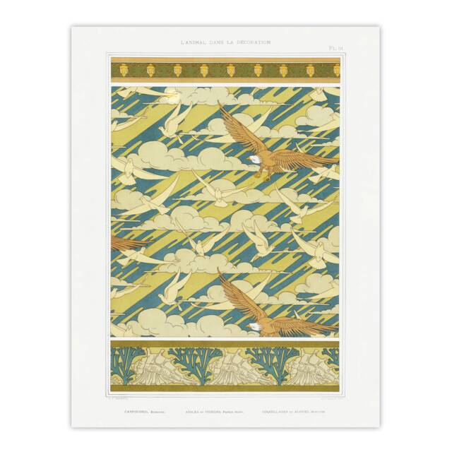 "Eagles Doves Seashell Patterns Vintage Wall Art Print Verneuil 18x24"""