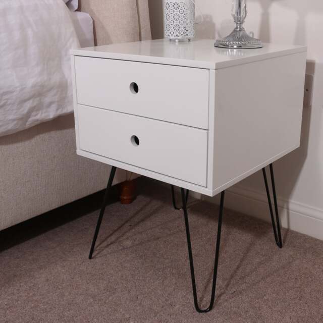 Options Telford 2 Drawer Bedside Cabinet - Contemporary Painted Nightstand with Metal Hairpin Legs White White One Size 1