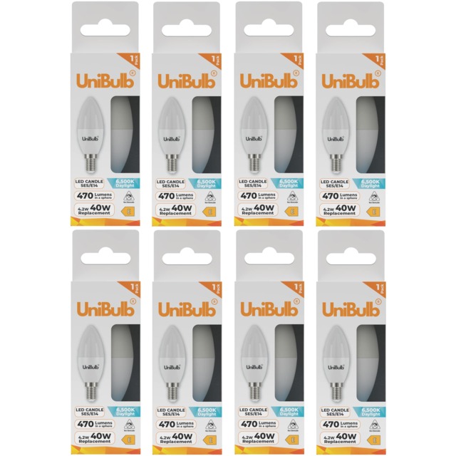 UniBulb LED Candle E14 Small Edison Screw (SES) 470lm 4.2W (Replaces 40W) 6500K (Daylight) Light Bulb - Pack of 8 White Daylight 8