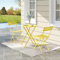 London Boutique Foldable Garden Bistro Set, Garden Round Table Set, Yellow, Chair Size (D)45cm (W)42cm (H)83cm