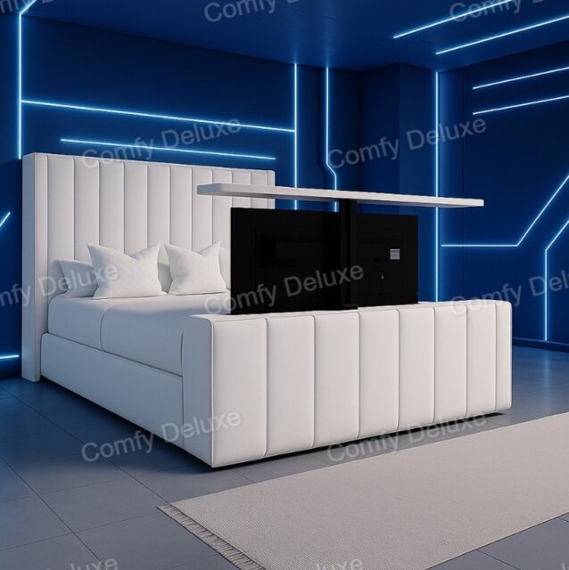 White Plush 6FT Superking Zaya Tv Bed Frame Only With 54inch Headboard Solid Bed