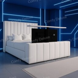 White Plush 6FT Superking Zaya Tv Bed Frame Only With 54inch Headboard Solid Bed