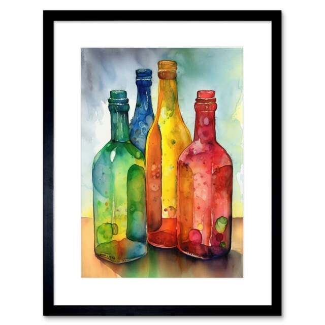 "Coloured Glass Cider Bottles Still Life Watercolour 9x7"" Black Framed Wall Art Print"