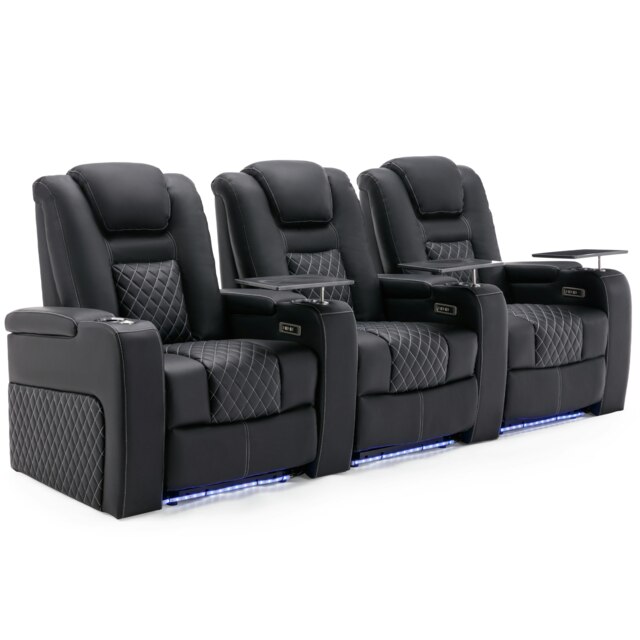 Broadway 3 Seater Cinema Electric Recliner Chair USB LED Base w Tray (Black w White stitching)