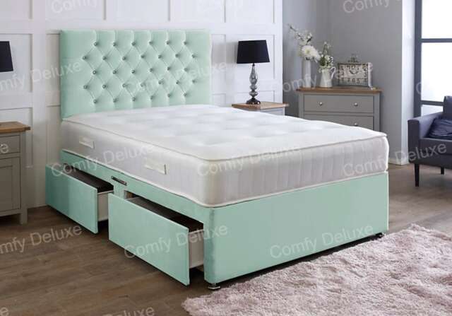 6ft Superking Duck Egg Plush Velvet Divan Bed With Headboard & Memory Sprung Mattress No Drawers