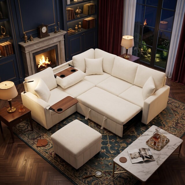 FENCHILIN Pull-out Corner Sofa Bed with Hidden Table Drop-down Cup Holders Storage Ottoman Beige