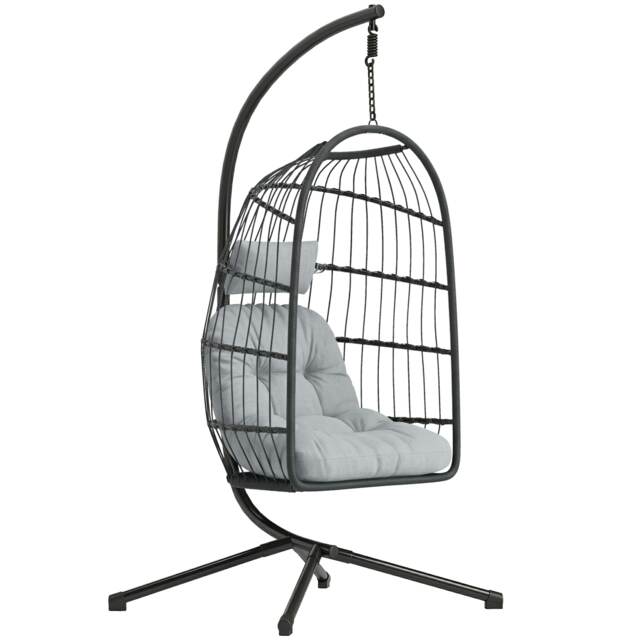 Outsunny Hanging Egg Chair, Outdoor Swing Chair with Stand, Dark/Light Grey Grey Dark grey basket, light grey cushions One Size