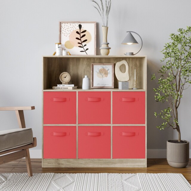 Wide 7-Cube Bookcase With Drawers Brown Oak & Red 1