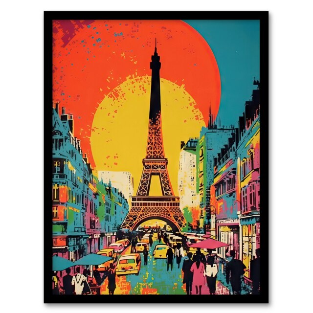 Eiffel Tower Sunset Vibrant Busy Paris Scene Home Decor Black Framed Wall Art Print A4