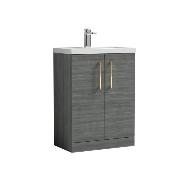 Balterley Level Compact Bathroom Cloakroom Vanity Basin Unit with Ceramic Basin, Handles Grey Grey Woodgrain 840 x 510 x 360mm