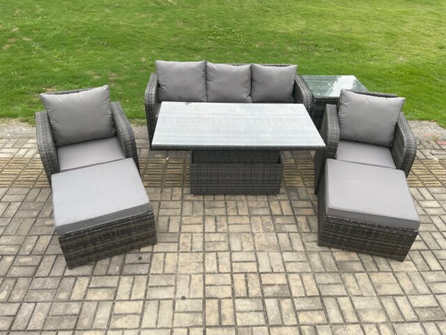 Fimous Outdoor Rattan Furniture Garden Dining Sets Height Adjustable Rising lifting Table Sofa Set With Chairs Side Tables 2 Big Footstools