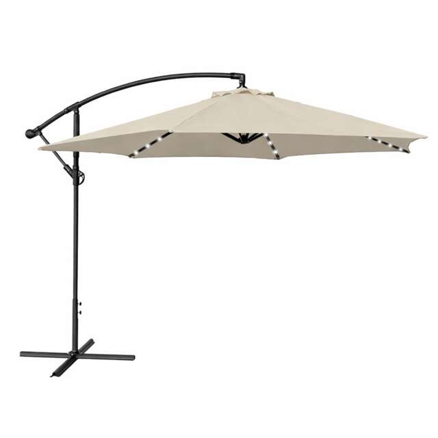 JSH 3m Hanging Banana Cantilever Parasol with LED Lights - Beige