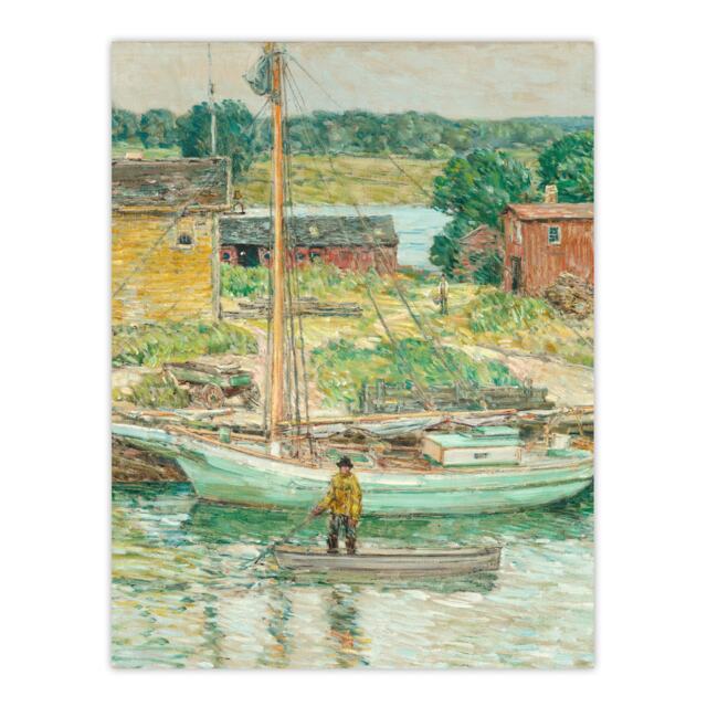 Oyster Sloop Sailboat in Cos Cob Harbour Hassam Huge Wall Art Print 18X24 In