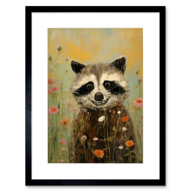 "Gleeful Raccoon Picking Flowers Landscape 9x7"" Black Framed Wall Art Print"