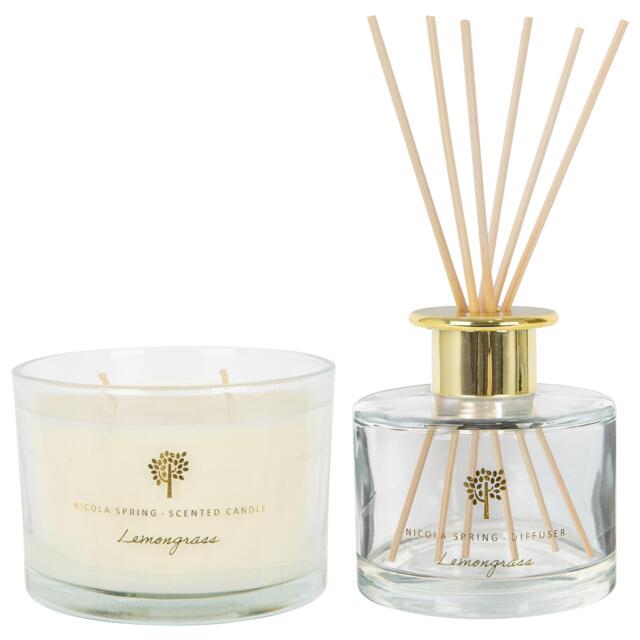 Nicola Spring Soy Wax Scented Candle & Reed Diffuser Set - 350g - Lemongrass Clear Lemongrass