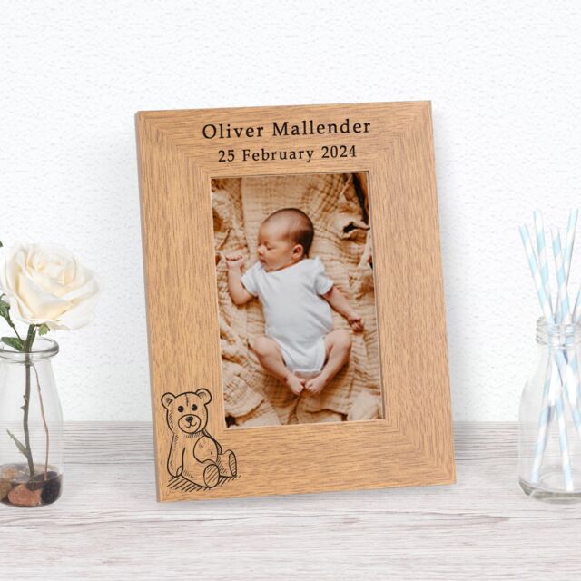 Personalised Teddy Bear Baby Wood Picture Frame 7 x 5 New Baby