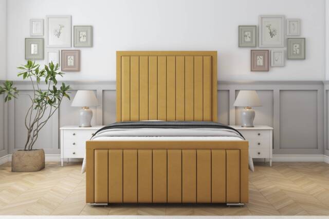 "Sloomy Richmond Mustard Plush Bed Frame With 50"" Upholstered Headboard 2'6 Small Single"