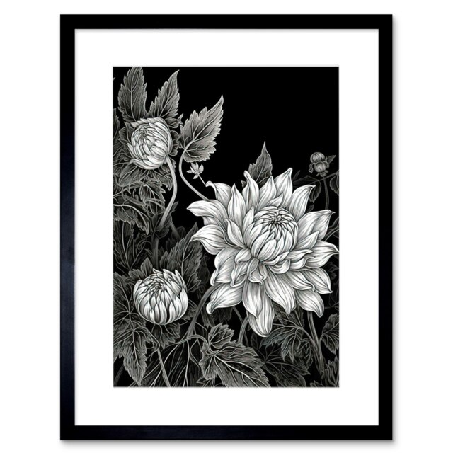 "Detailed Black White Dahlia Flower Blooms 9x7"" Black Framed Wall Art Print"