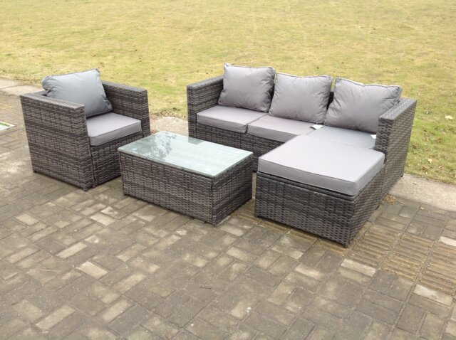 Fimous Lounge Rattan Sofa Set Outdoor Garden Furniture With Single Arm Chair And Rectangular Coffee Table With Big Footstool