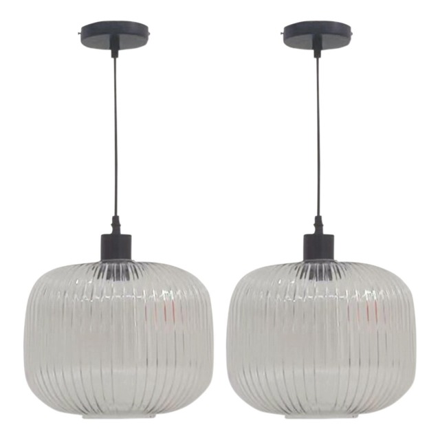 Set of 2 Batley Large - Clear Ribbed Glass with Black Pendant Fittings Clear Clear 2