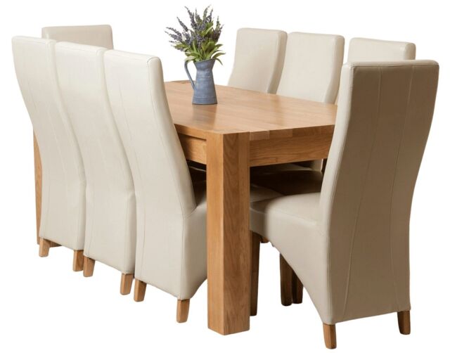 Kuba 180 x 90 cm Chunky Oak Dining Table and 8 Lola Leather Chairs Cream Cream
