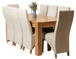 Kuba 180 x 90 cm Chunky Oak Dining Table and 8 Lola Leather Chairs Cream Cream