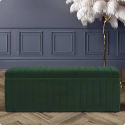 180cm Wide Lux Ottoman Storage Box, Forest Green Velvet Upholstered Full Striped Storage Ottoman Box
