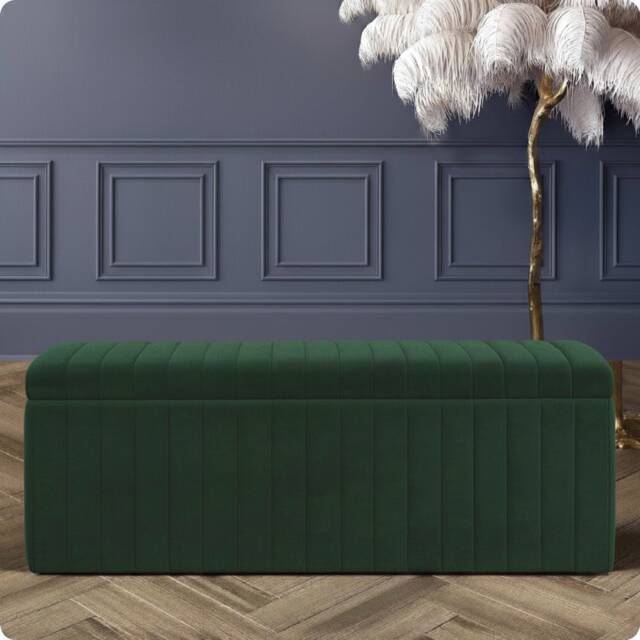 120cm Wide Lux Ottoman Storage Box, Forest Green Velvet Upholstered Full Striped Storage Ottoman Box