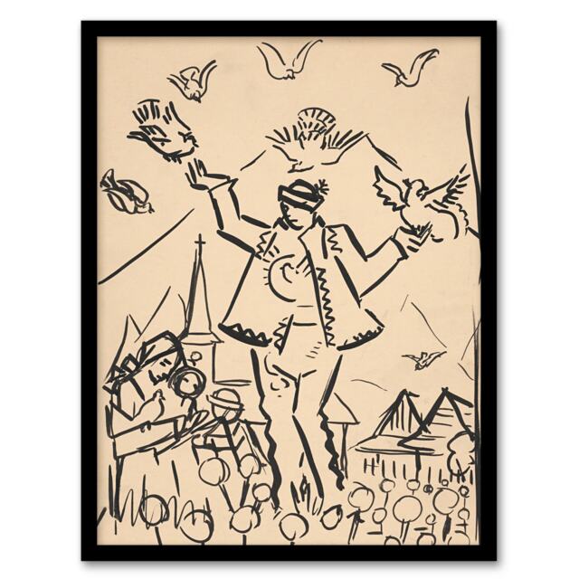 "Study for Joy Family Ink Drawing Kubincan Framed Wall Art Print 12X16"""