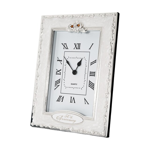 50th Anniversary Clock with Silver Plated Roses and Gold Diamantes