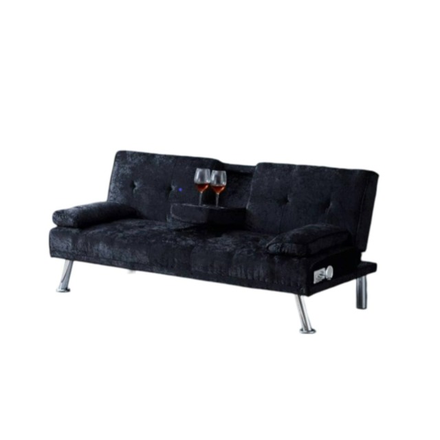 Bluetooth Cinema Crush Velvet Clic Clac Luxury Sofa Bed with Drink Cup Holder In Black