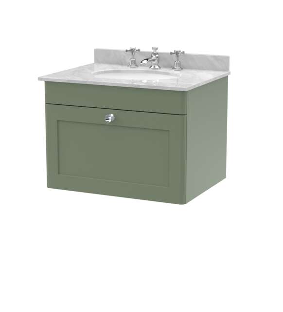 Balterley Swynnerton Traditional 1 Drawer Wall Hung Vanity Unit with Marble Basin, Satin Green, 600mm
