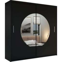 Modern Mirrored Sliding Door Wardrobe with Circular Mirror - Black 203cm