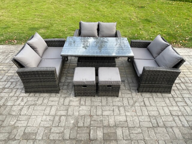 Fimous Wicker PE Rattan Garden Furniture Set Height Adjustable Rising Lifting Table Sofa Dining Set with Double Seat Sofa 2 Small Footstools Dark Grey Mixed