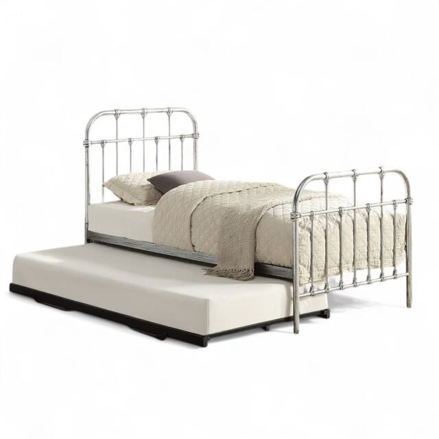 Camden Steel Silver Distressed Effect Hospital Style Metal Single Bed Frame & Guest Trundle