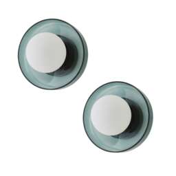 ValueLights Newbury Pair Jade Green Glass IP44 Flush Wall Lights & Bulbs Green