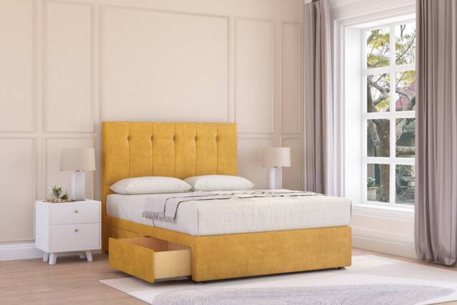 "Sloomy Highbury Mustard Plush Divan Bed With Mattress 4 Drawers With 26"" Strutted Headboard 6' Super King Gold Mustard Super King 1"