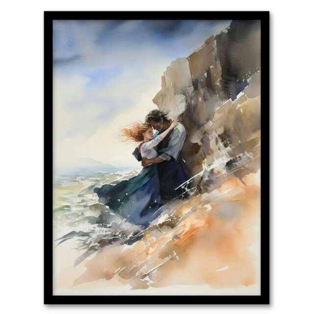 Couple Embrace Dramatic Coastal Cliff Home Decor Black Framed Wall Art Print A4