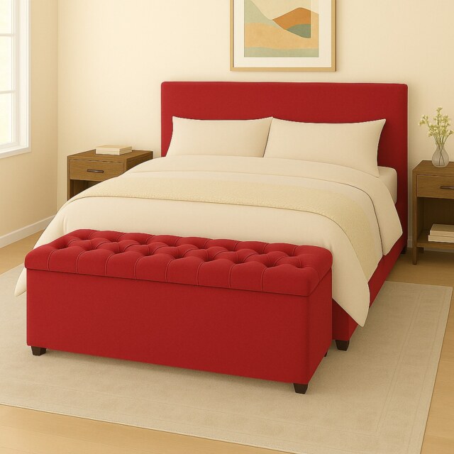 150cm Chesterfield Plush Velvet Red Upholstered Storage Ottoman Bench - Deep Tufted Lid & Wooden Leg