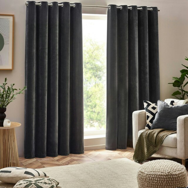 Yard Heavy Chenille Velvet Charcoal Eyelet Curtains (W)168cm x (D)137cm Multi